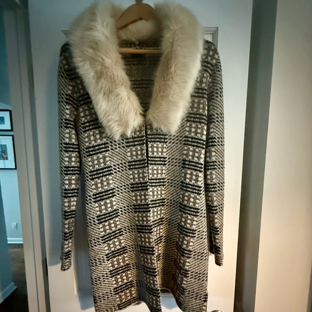 Love Token Long Sleeve Faux Fur Collar Cardigan Sweater Coat
